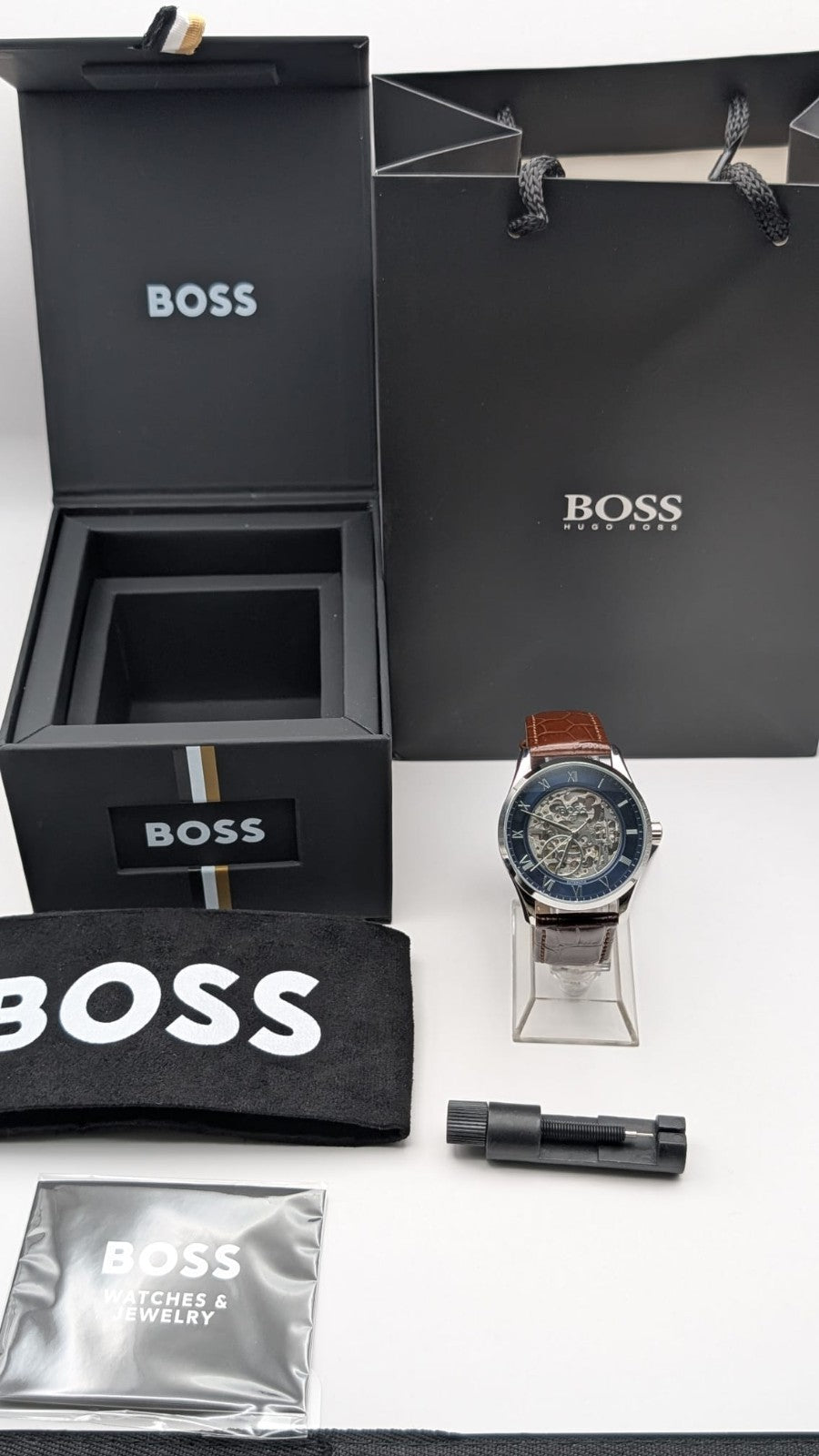 Hugo BOSS 1514305 Principle Mens Watch Automatic Skeleton Brown Leather Strap 