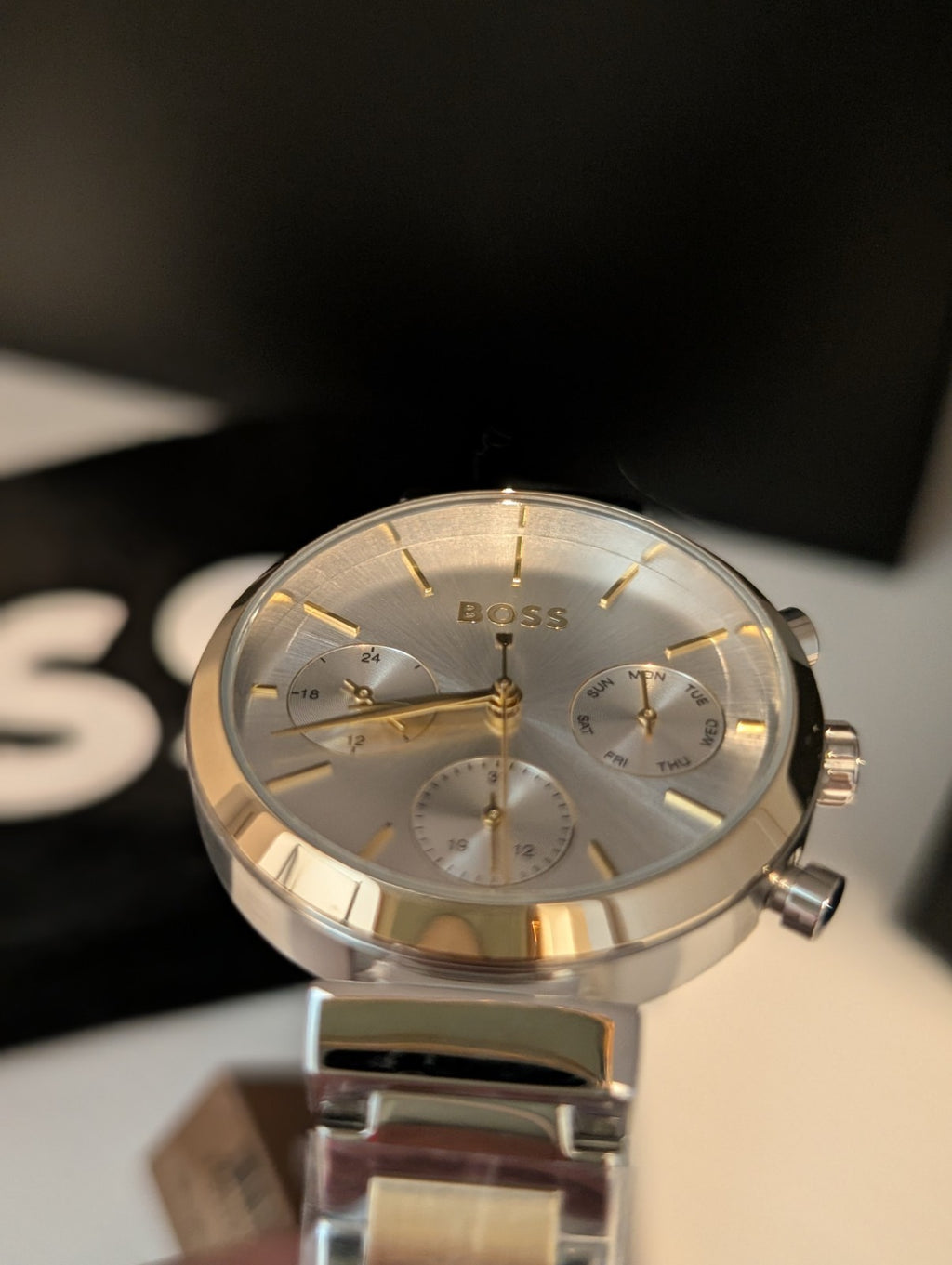 HUGO BOSS FLAWLESS 1502550 Silver & Gold Strap Chronograph Womens Watch 36mm NEW