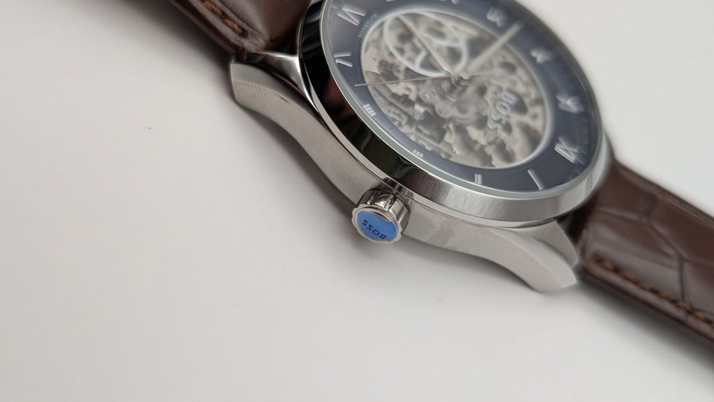 Hugo BOSS 1514305 Principle Mens Watch Automatic Skeleton Brown Leather Strap 