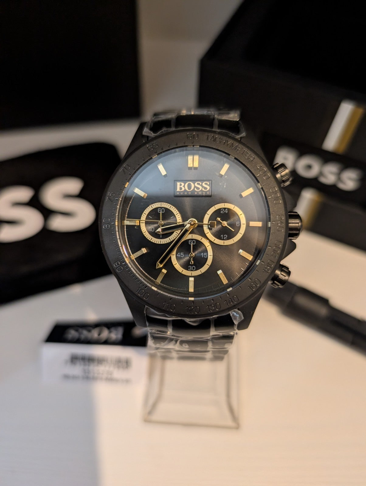 HUGO BOSS 1513278 Ikon Chronograph Black Dial Steel Strap Mens Watch 44mm NEW 