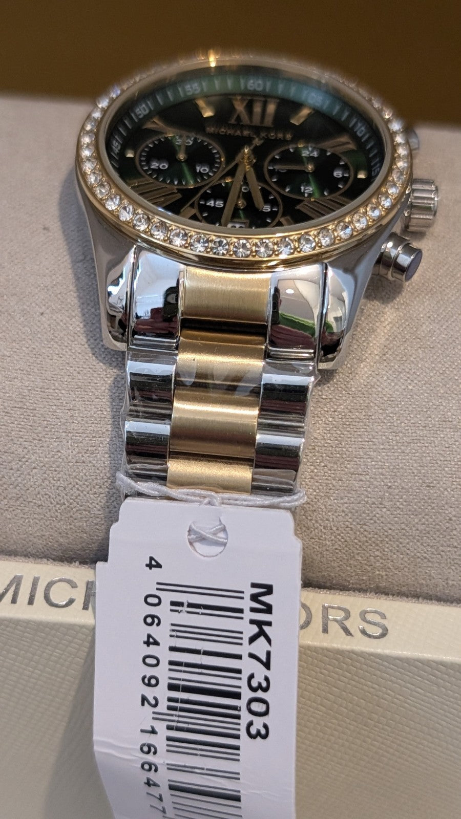 Michael Kors MK7303 Women’s Chronograph Two Tone Crystal Bezel Watch Green Face 