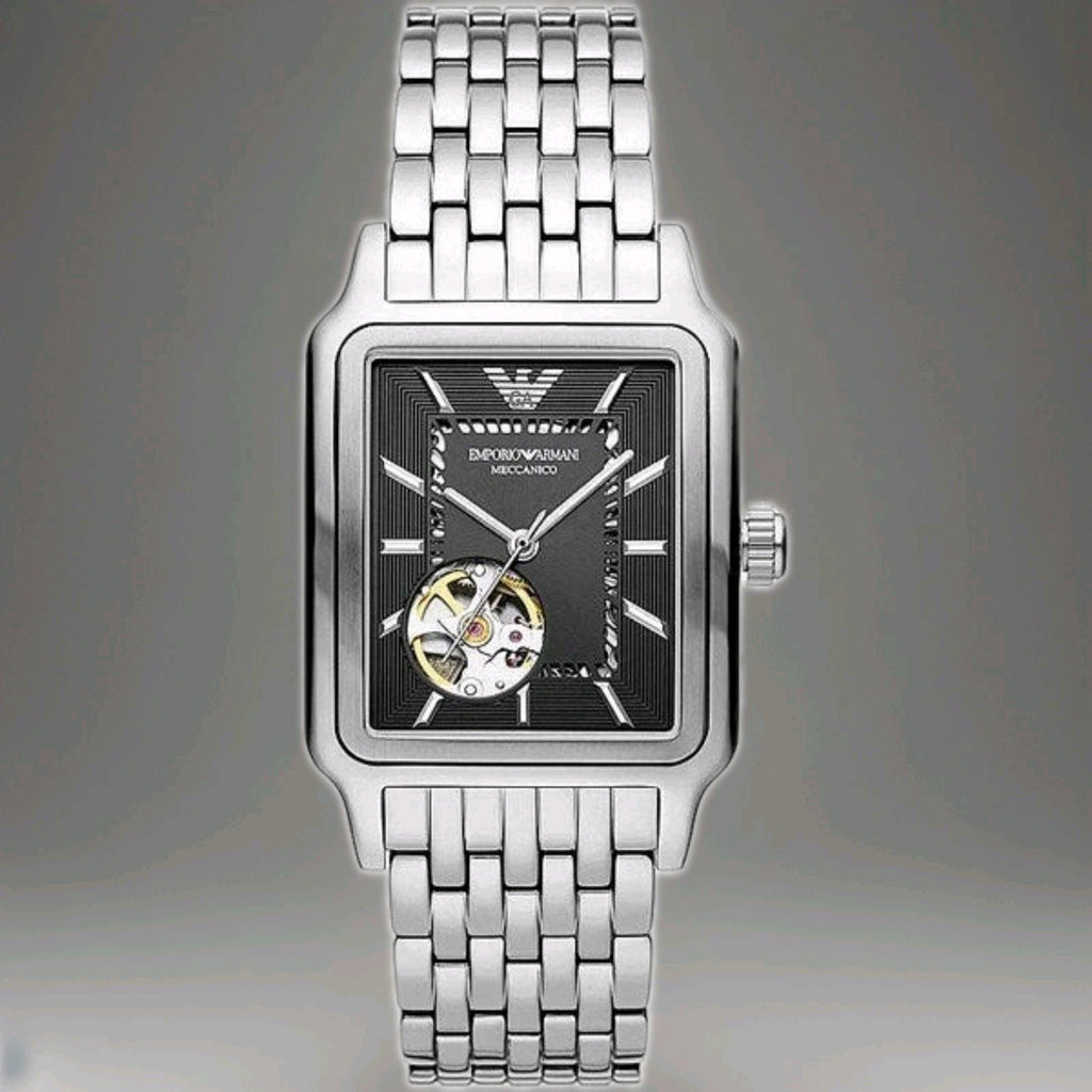 Emporio Armani AR60057 Meccanico Mens Watch 36mm Silver Automatic Black Dial New