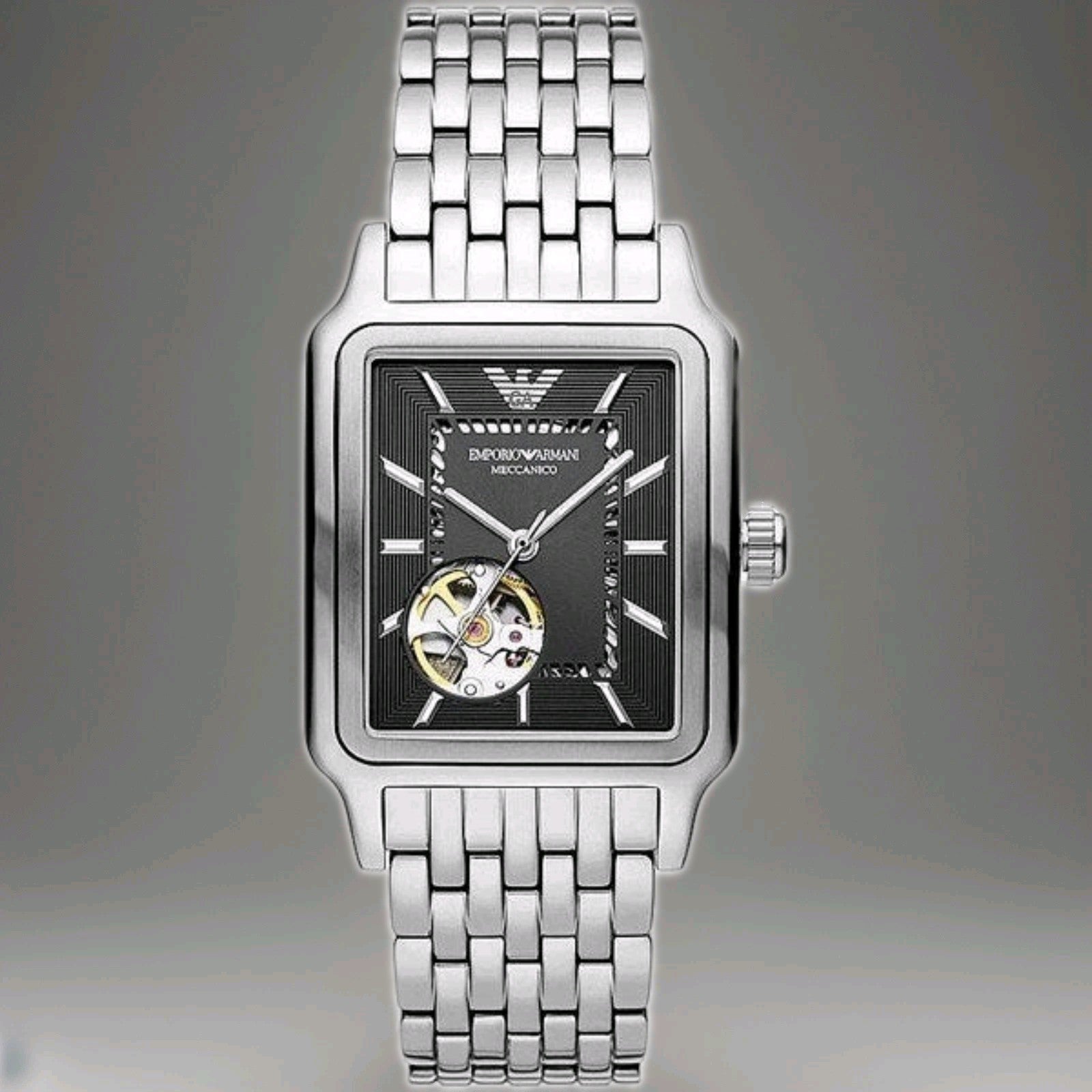 Emporio Armani AR60057 Meccanico Mens Watch 36mm Silver Automatic Black Dial New