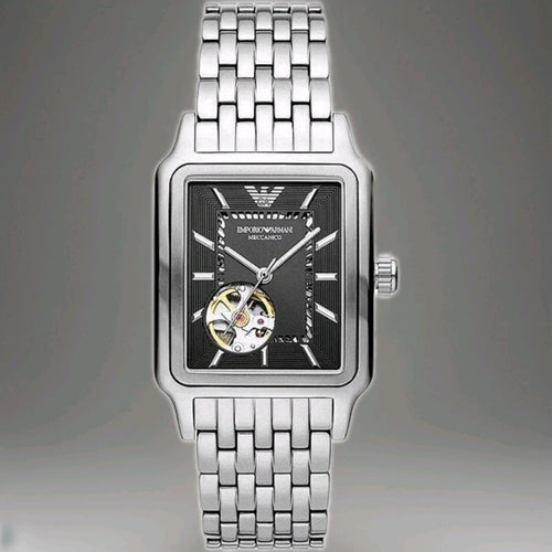 Emporio Armani AR60057 Meccanico Mens Watch 36mm Silver Automatic Black Dial New