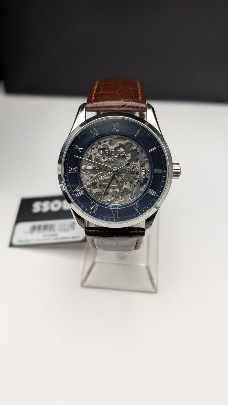 Hugo BOSS 1514305 Principle Mens Watch Automatic Skeleton Brown Leather Strap 