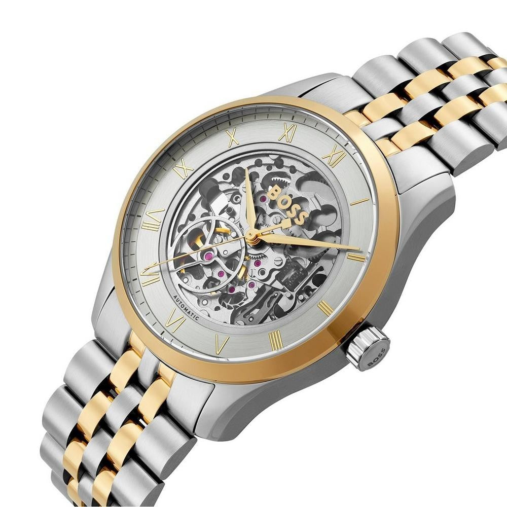New BOSS Principle  41mm Silver &  Gold Tone Skeleton Automatic Watch 1514237