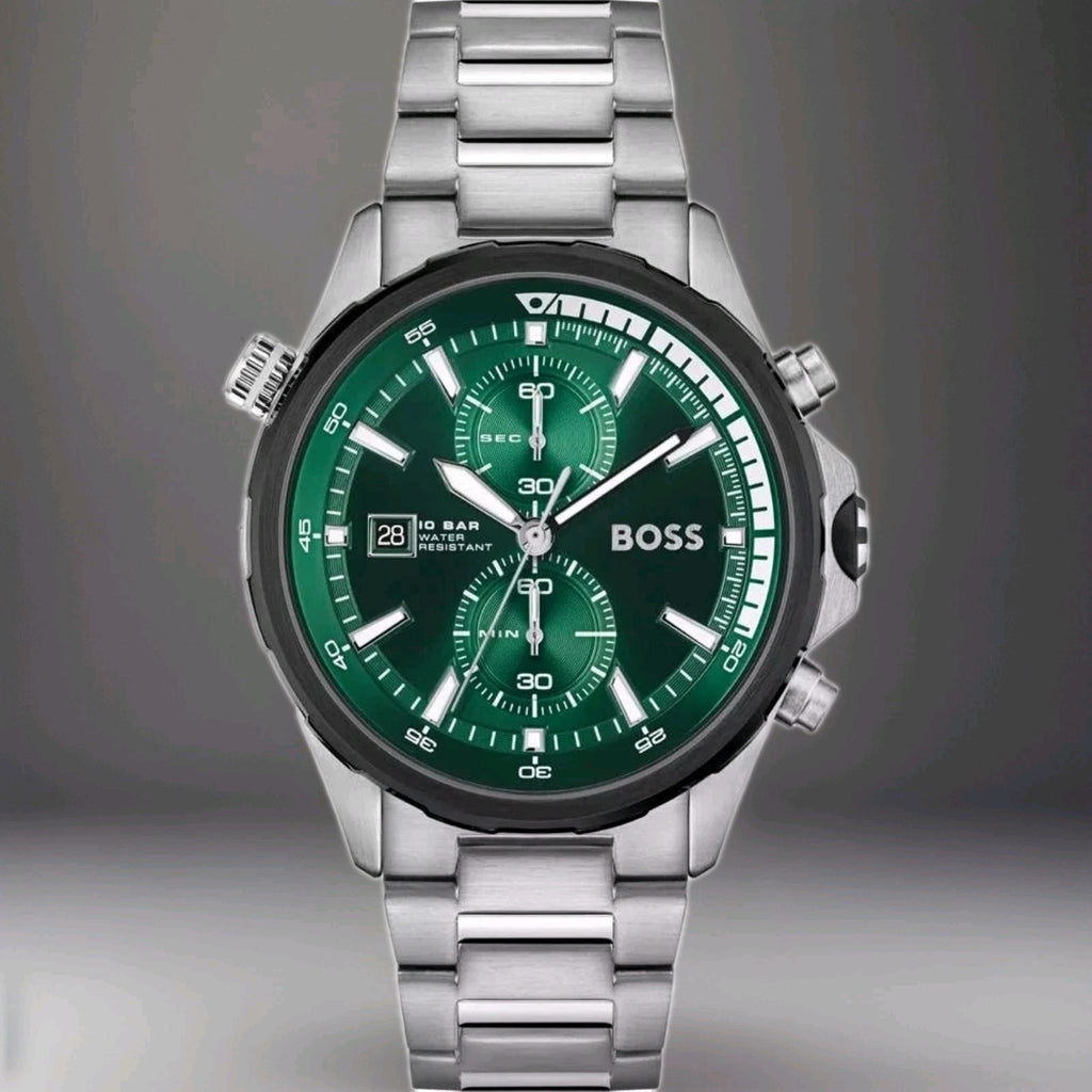 Hugo Boss HB1513930 Globetrotter Mens' Green Dial Stainless Chrono Watch + Bag