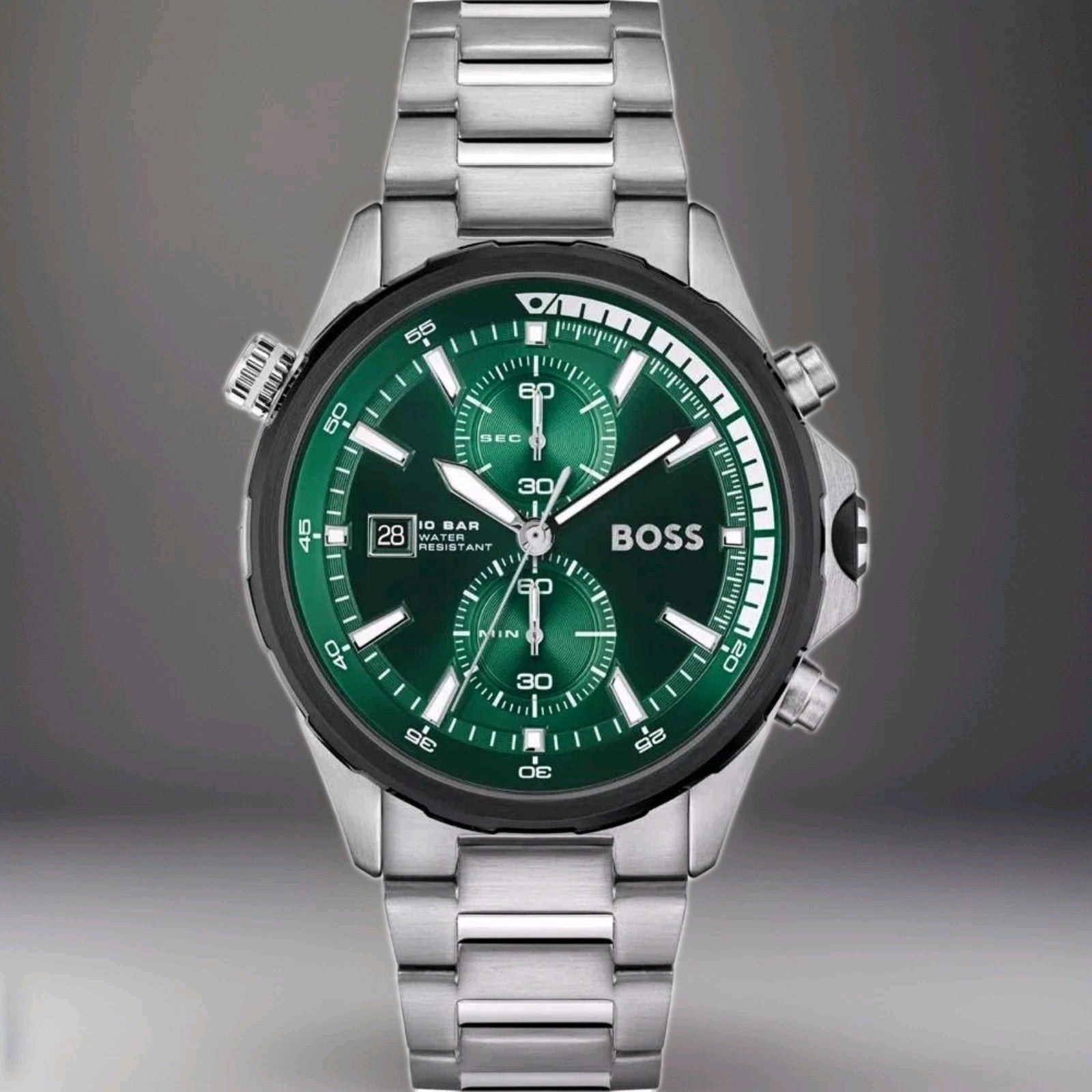 Hugo Boss HB1513930 Globetrotter Mens' Green Dial Stainless Chrono Watch + Bag