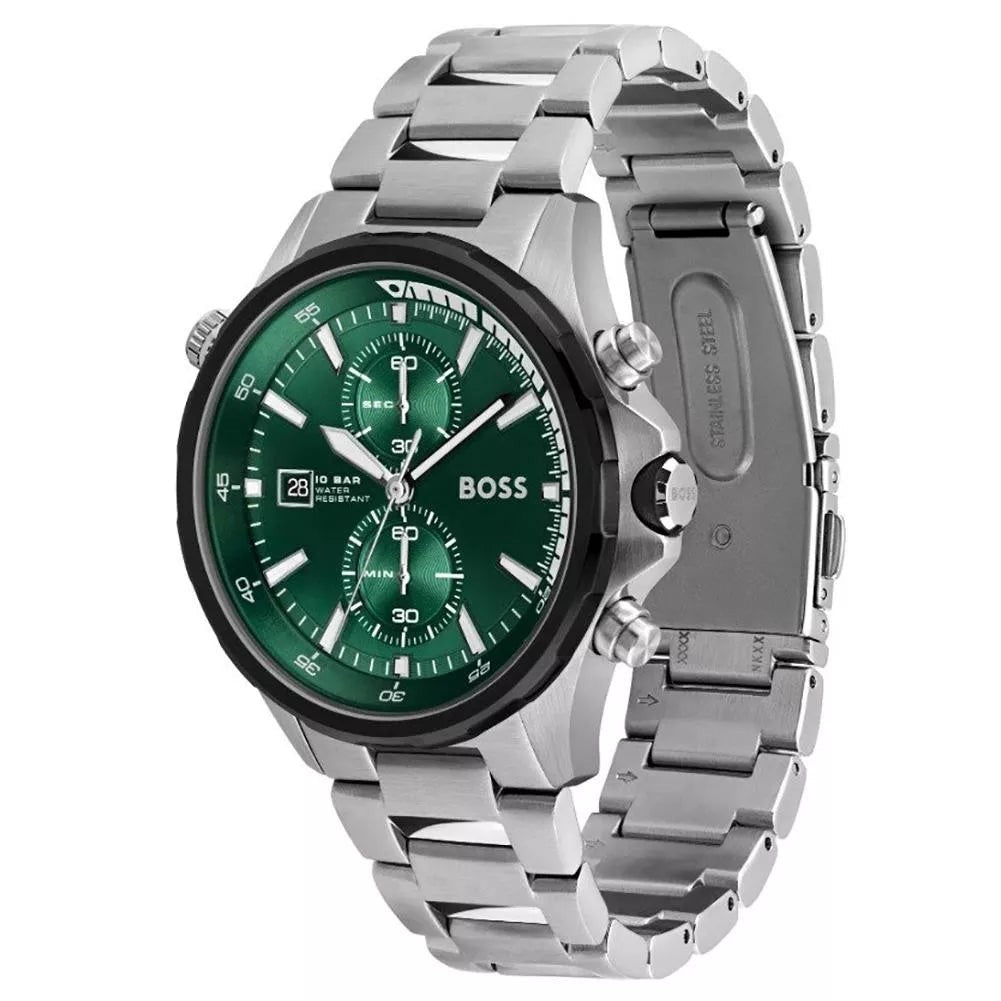 Hugo Boss HB1513930 Globetrotter Mens' Green Dial Stainless Chrono Watch + Bag