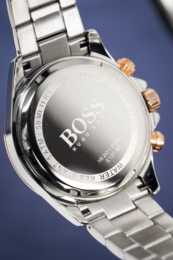 NEW BOSS MENS WATCH 1513339 STAINLESS CHRONO STEEL TWO TONE BRACELET WARRANTY