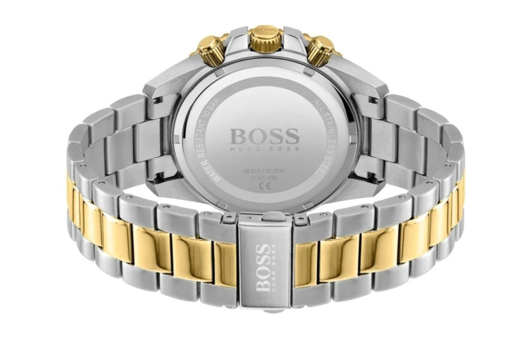Hugo Boss HB1513908 Admiral Mens' Black & Gold Stainless Chrono Watch + Gift Bag