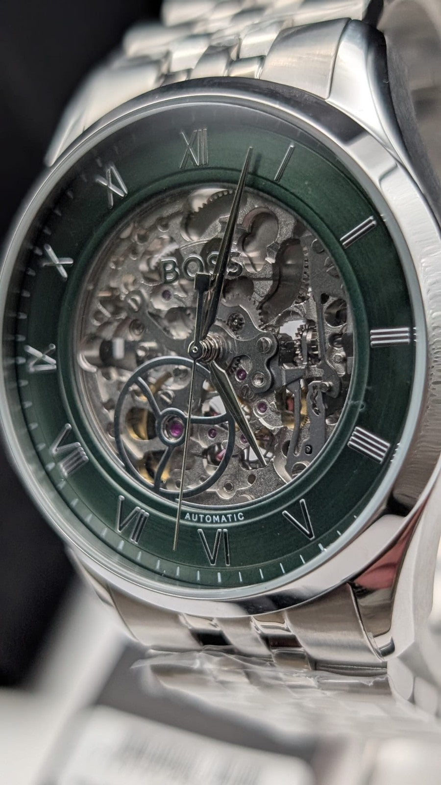 Hugo BOSS Principle 1514236 Skeleton Mens Watch Automatic 41mm Silver Green Dial
