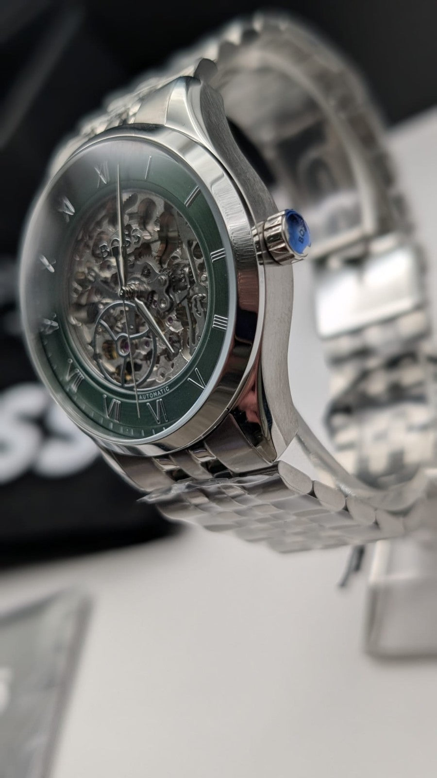 Hugo BOSS Principle 1514236 Skeleton Mens Watch Automatic 41mm Silver Green Dial