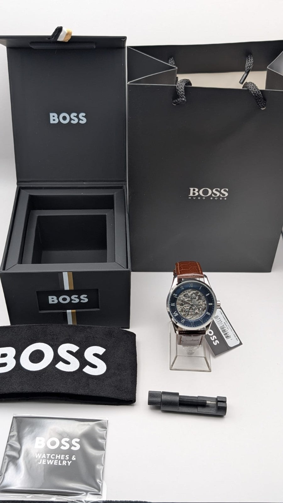 Hugo BOSS 1514305 Principle Mens Watch Automatic Skeleton Brown Leather Strap 