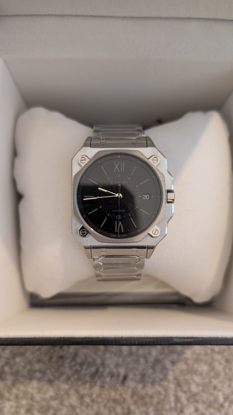 Gucci G-Flat Automatic  36mm Black Dial Men's Watch YA166401 Stainless Steel NEW