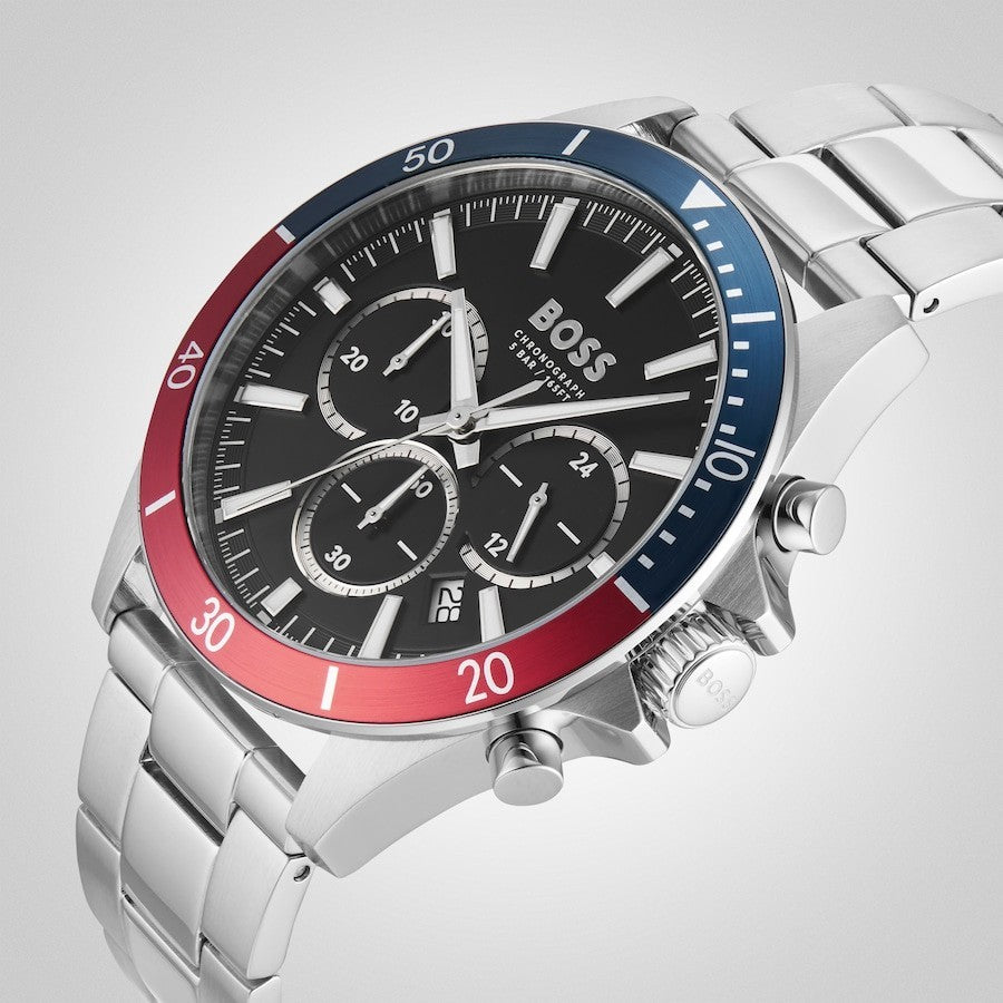 HUGO BOSS MENS TROPER CHRONO WATCH HB1514108 BLACK DIAL - RED/BLUE  BEZEL 